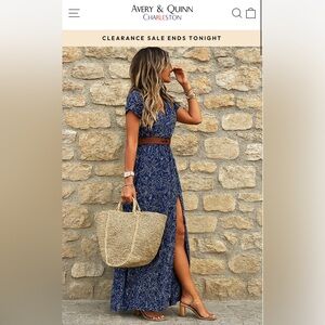 New Avery & Quinn Blue Paisley Maxi Dress with Slit and Belt. Size: M